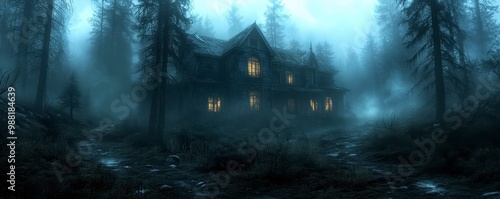 Spooky Haunted House in a Foggy Night with Glowing Windows.