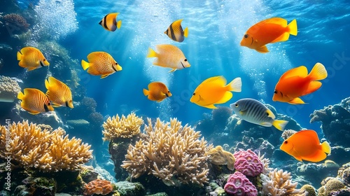 Colorful tropical fish swimming in coral reef. photo