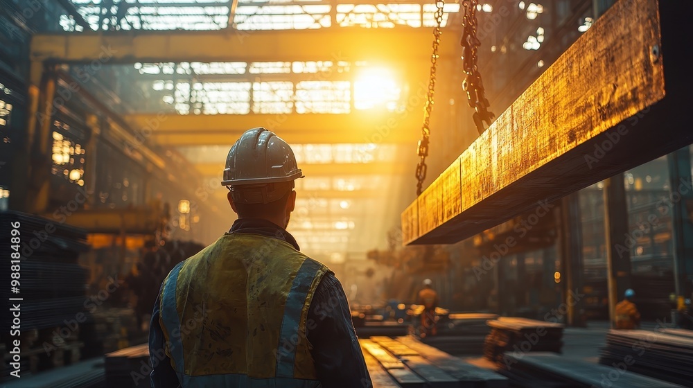 Industrial worker in factory with steel beam hanging on crane chain during sunset symbolizing heavy lifting and safety Industrial worker in factory with steel beam hanging on crane chain during sunset symbolizing heavy lifting and safety