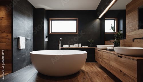 Wallpaper Mural Luxury villa minimalist black bathroom. Luxurious dark bathroom with a wooden wall that has a wooden wall 69 Torontodigital.ca