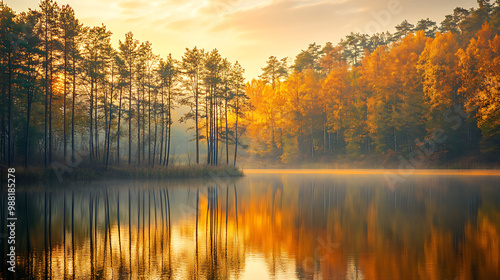 Trees along a lake's edge glowing in the golden hues of sunrise  photo