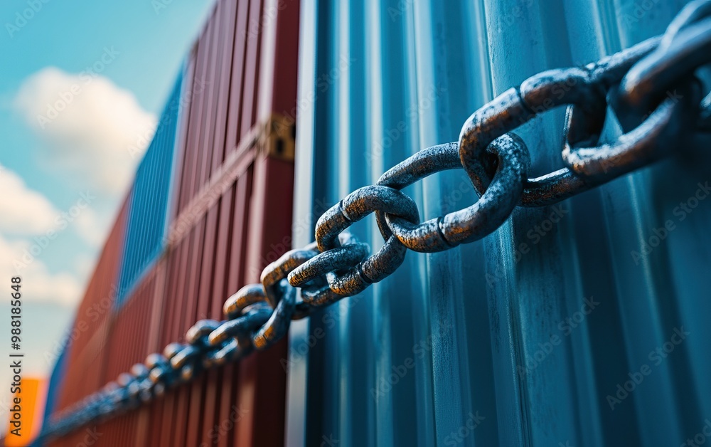 Close-up view of a metallic chain linking colorful shipping containers against a bright blue sky, showcasing industrial strength and connection. Close-up view of a metallic chain linking colorful shipping containers against a bright blue sky, showcasing industrial strength and connection.
