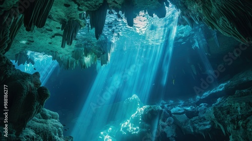 Sunlight Beams Through Underwater Cave