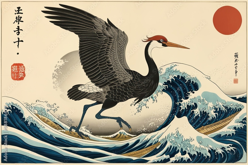 Naklejka premium Elegant Bird Art Japanese Crane and Ocean Wave Design