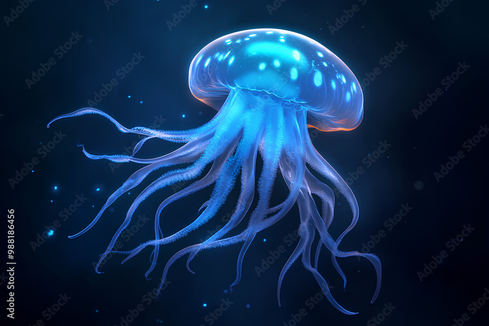 Naklejka premium caracter cartoon, Jellyfish or Sea Jelly with Tentacles as Underwater Oceanic Mammal Species