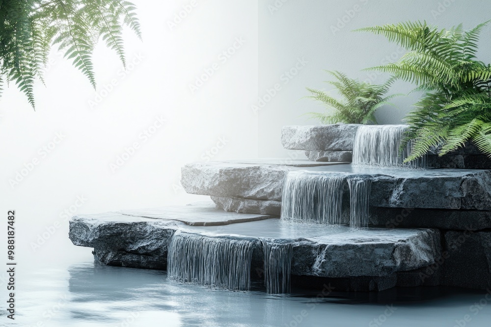 Serene water feature with cascading waterfalls and greenery Serene water feature with cascading waterfalls and greenery
