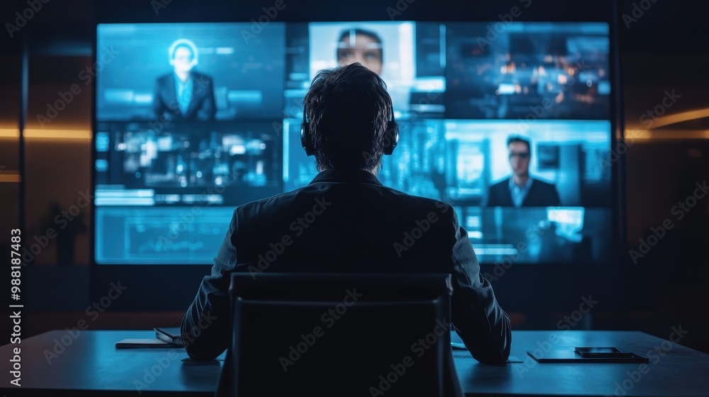 Silhouette of Businessman Examining Multiple Displays in Dark Office Silhouette of Businessman Examining Multiple Displays in Dark Office