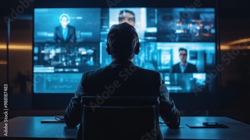 Silhouette of Businessman Examining Multiple Displays in Dark Office