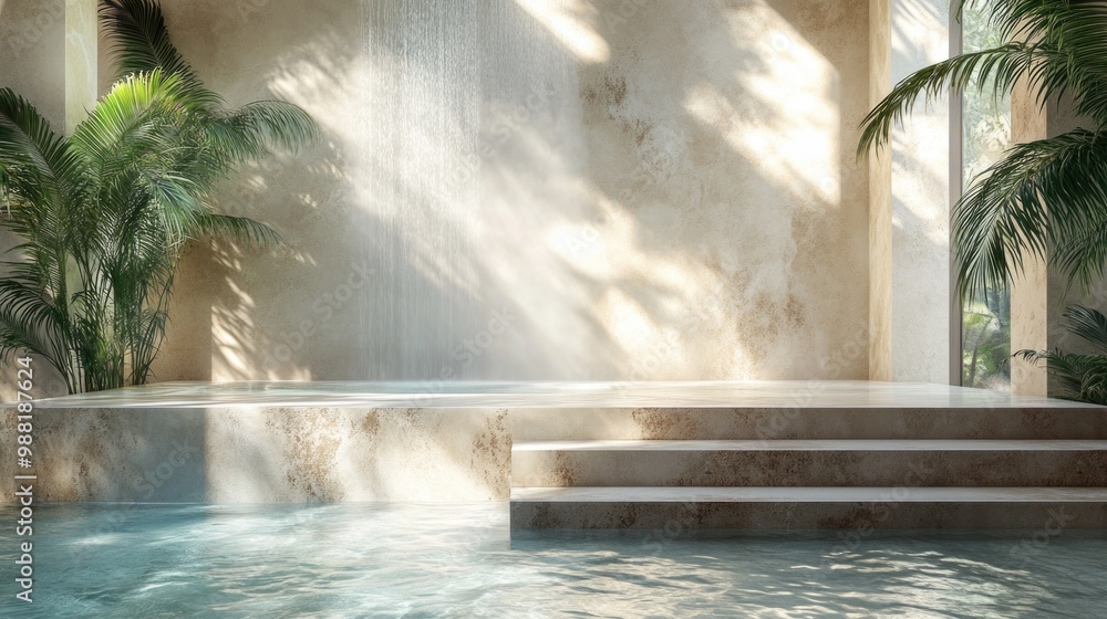 Serene spa retreat with cascading waterfall and palm trees Serene spa retreat with cascading waterfall and palm trees