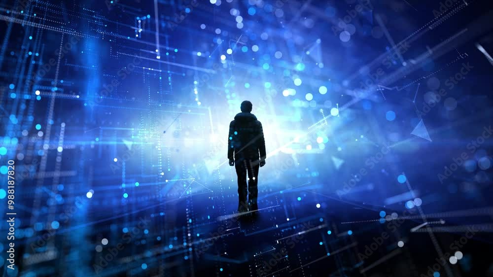 Loop digital network road with silhouette of a man and flashing lights. Loop digital network road with silhouette of a man and flashing lights.