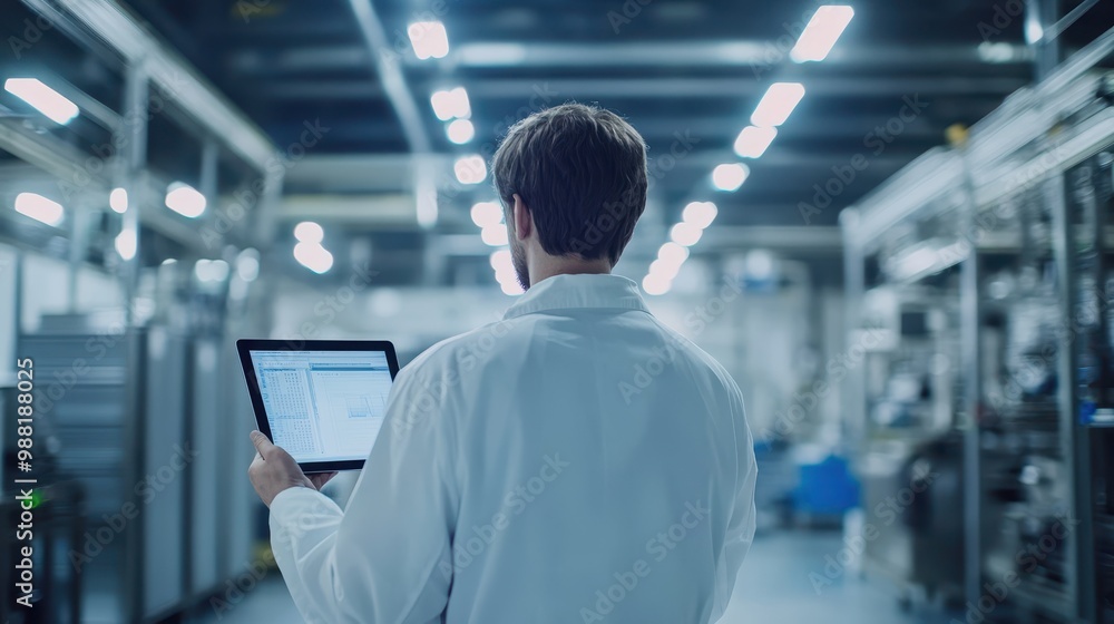 Young engineer inspecting data in a high-tech manufacturing facility Young engineer inspecting data in a high-tech manufacturing facility