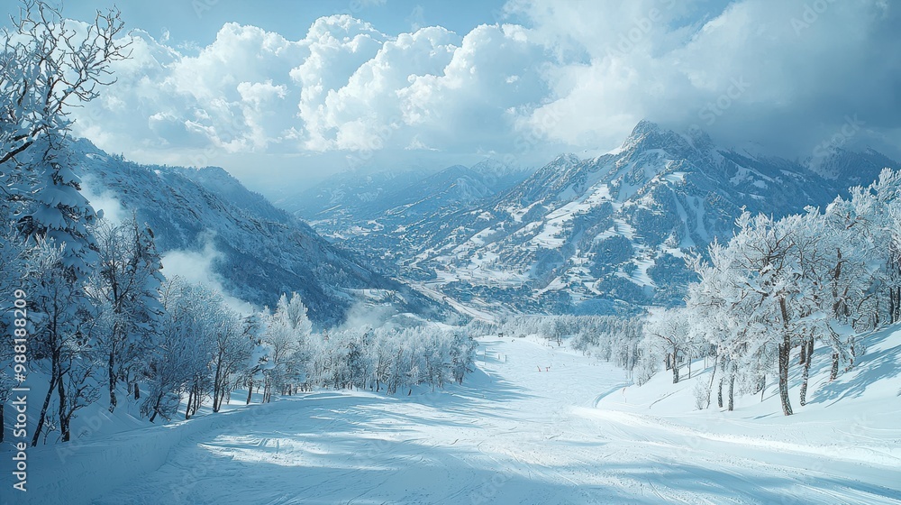 Fototapeta premium Snowy Mountain Landscape with Ski Slope and Trees