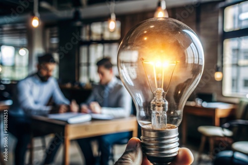 A light bulb symbolizes new ideas during a business meeting in a modern workspace filled with creative energy