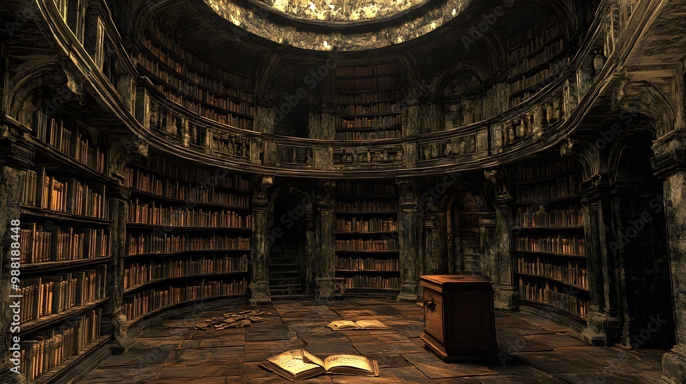 Fototapeta premium A circular tower library with perfectly aligned scrolls and books, the space filled with intricate carvings and dim, amber lighting, evoking an ancient and mysterious feel