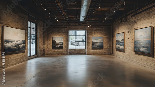 A collection of impressionist paintings displayed in a circular arrangement in a modern industrial gallery, with exposed brick walls and soft, moody lighting for an atmospheric effect