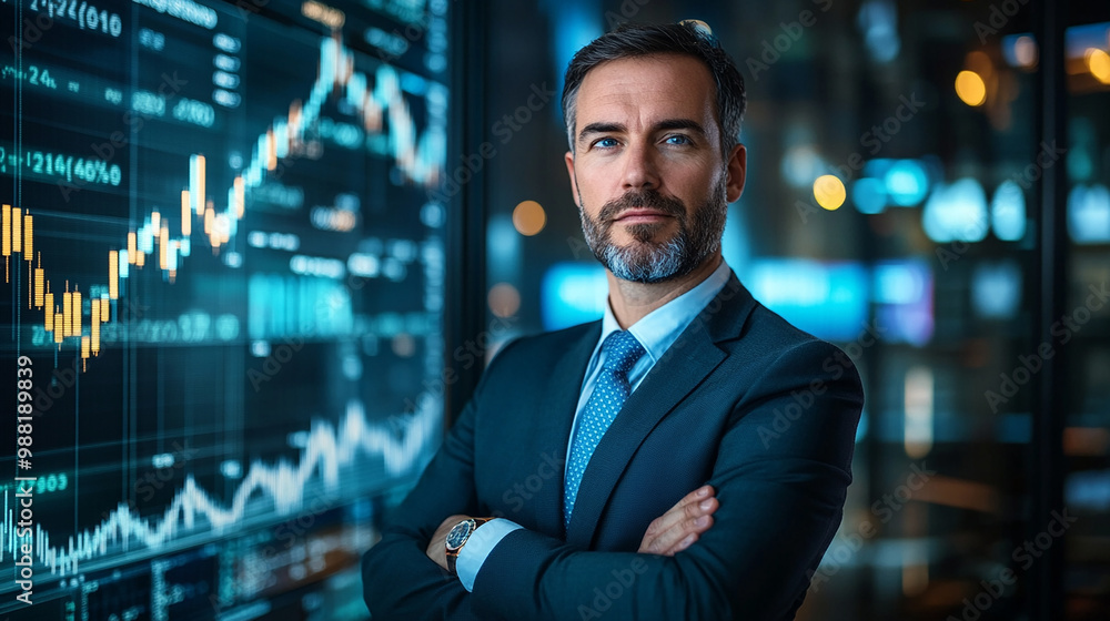 Businessman with arms crossed in front of a stock market graph modern portrait investment background analysis Businessman with arms crossed in front of a stock market graph modern portrait investment background analysis