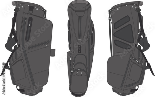 Black Golf Bag Technical Illustration Mock-up Template for Design and Tech Packs Front Back and Side Views	