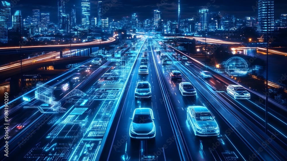 Futuristic traffic flow in a digital cityscape Futuristic traffic flow in a digital cityscape