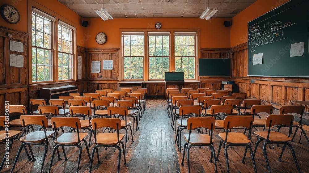 Obraz premium Empty Classroom with Wooden Chairs and Windows