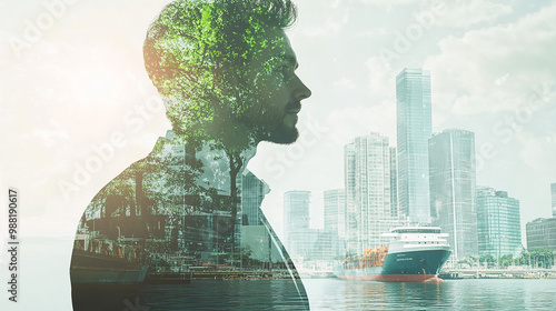 Double exposure Businessman explores the use of autonomous ships for efficient and eco-friendly transport. photo