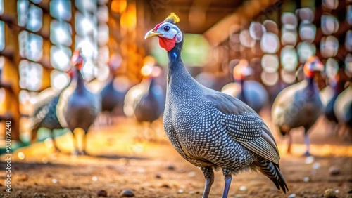 Guinea fowl standing in a poultry farm setting, with selective focus , agriculture, bird, livestock, countryside photo