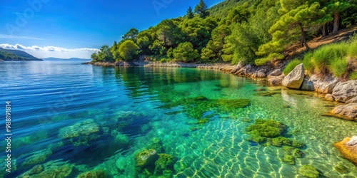 Fototapeta Naklejka Na Ścianę i Meble -  Shoreline of Uvala Gradina bay with crystal clear waters and lush greenery , Croatia, Vela Luka, Korcula, island, coast