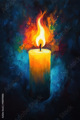 Burning candle illuminating a dramatic colorful oil painting background