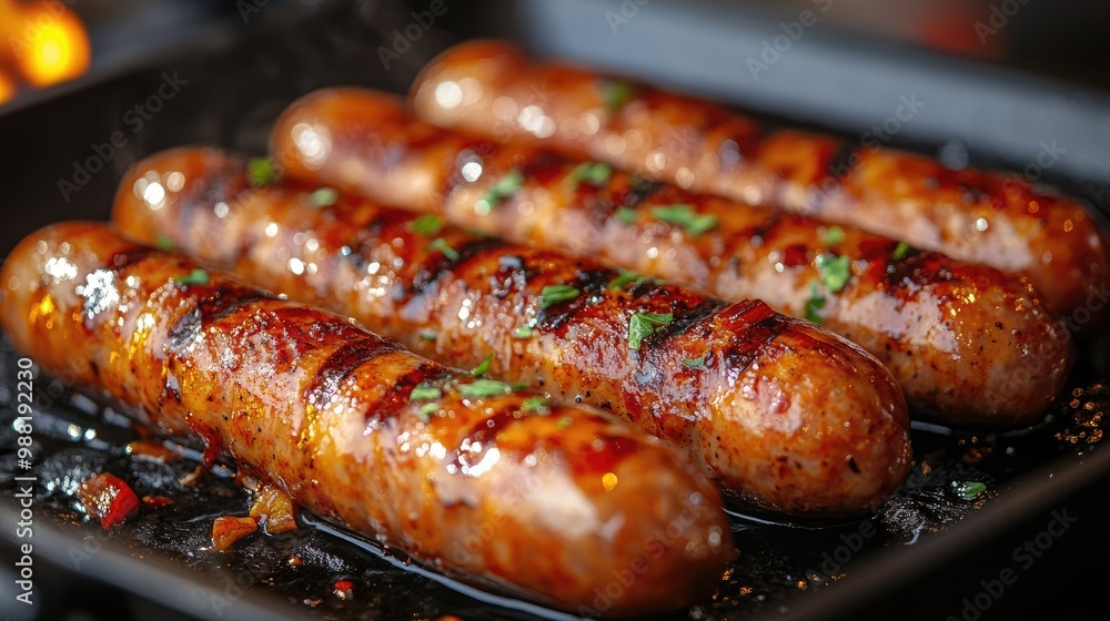 Delicious sausages frying in pan with herbs and hot oil Delicious sausages frying in pan with herbs and hot oil