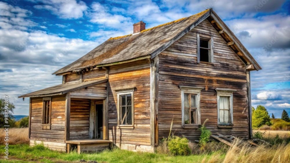 Old abandoned wooden house with boarded up windows and a crumbling roof, derelict, spooky, eerie, abandoned, wooden Old abandoned wooden house with boarded up windows and a crumbling roof, derelict, spooky, eerie, abandoned, wooden