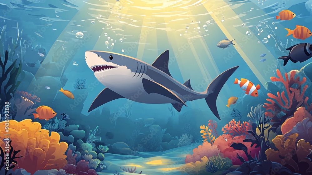A great white shark swims through a vibrant coral reef with a beam of sunlight shining down. A great white shark swims through a vibrant coral reef with a beam of sunlight shining down.
