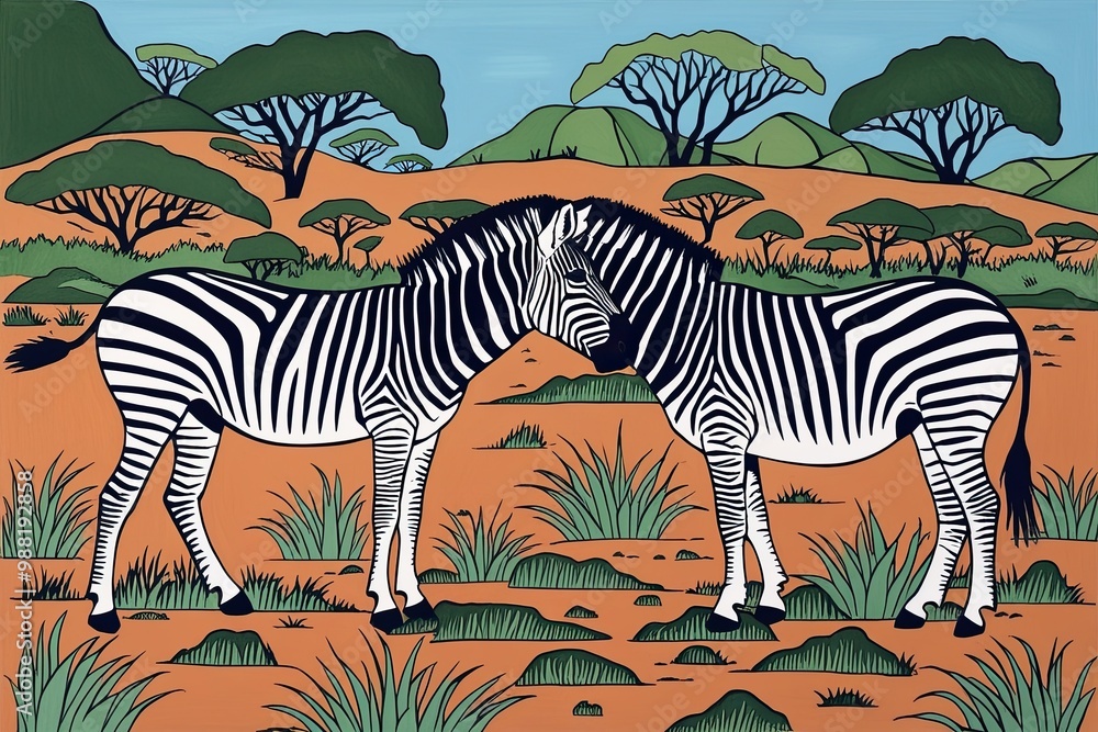 Fototapeta premium Bold Block Print Artwork Showcasing Wild Zebras Interacting in Their Natural Habitat