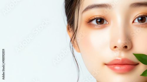 Close-up portrait of a beautiful woman with natural makeup and a green leaf on a white background.