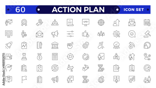 Action plan outline icon set. Containing planning, schedule, strategy, analysis, tasks, goal, collaboration, startup, steps, target and objective icons. Outline icon collection.
