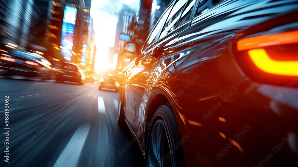 Dynamic motion shot of a car driving through a city at sunset, capturing acceleration and urban atmosphere. Dynamic motion shot of a car driving through a city at sunset, capturing acceleration and urban atmosphere.