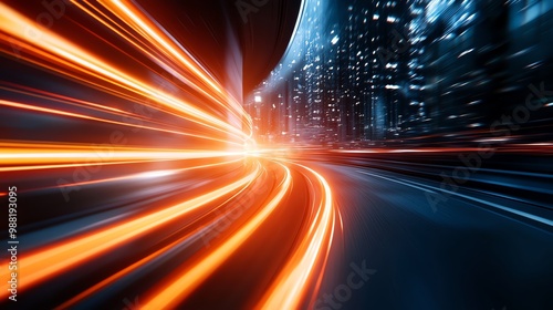 Dynamic night scene with light trails from fast-moving vehicles on a city road.