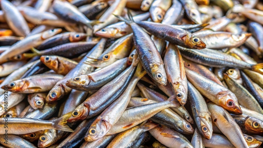 Obraz premium Heap of small Mediterranean fish at market anchovy, anchovies, fish, market, seafood, Mediterranean, pile, heap, fresh, food