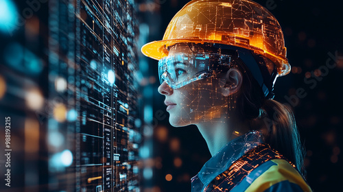 Double exposure Engineer hardhat integrates cloud-based platforms for global coordination of supply chain activities. photo