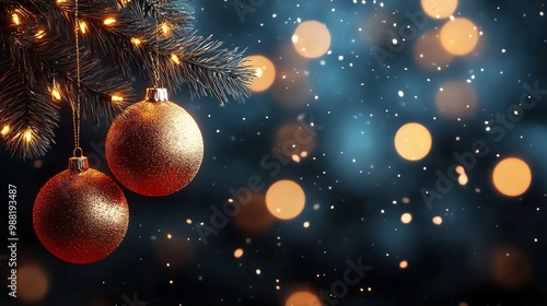 Festive Christmas ornaments on a tree with soft bokeh lights, creating a warm holiday atmosphere.