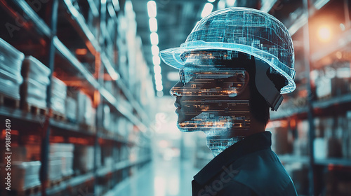 Double exposure Engineer hardhat oversees the implementation of automated warehousing systems for international logistics. photo