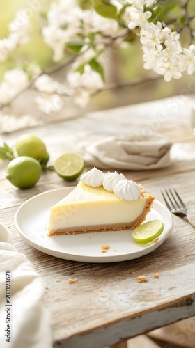 Classic Key Lime Pie Natural Setting Picnic Table Blooming Flowers