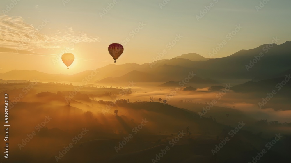 Hot Air Balloons Soaring Over Misty Mountain Landscape Hot Air Balloons Soaring Over Misty Mountain Landscape