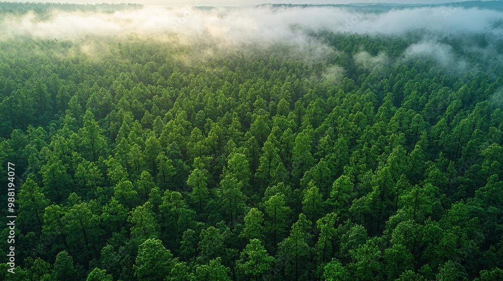 Aerial View of Forest with Fog and Sunlight Aerial View of Forest with Fog and Sunlight