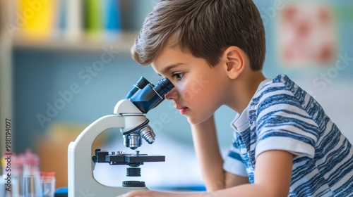 hild looking through a microscope in a classroom photo