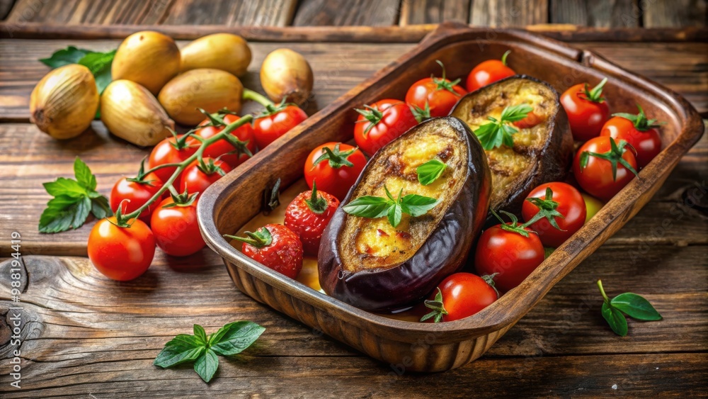 Whole baked eggplant and potatoes with fresh tomatoes on a rustic wooden table , vegetarian, healthy, Mediterranean Whole baked eggplant and potatoes with fresh tomatoes on a rustic wooden table , vegetarian, healthy, Mediterranean