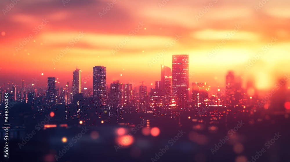 Fototapeta premium blurred city skyline bathed in the warm glow of a sunset background business concept