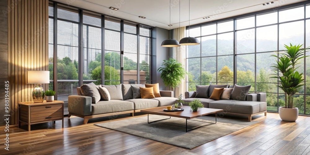 Modern living room with minimalistic decor and large windows, modern, living room, modern design, interior Modern living room with minimalistic decor and large windows, modern, living room, modern design, interior