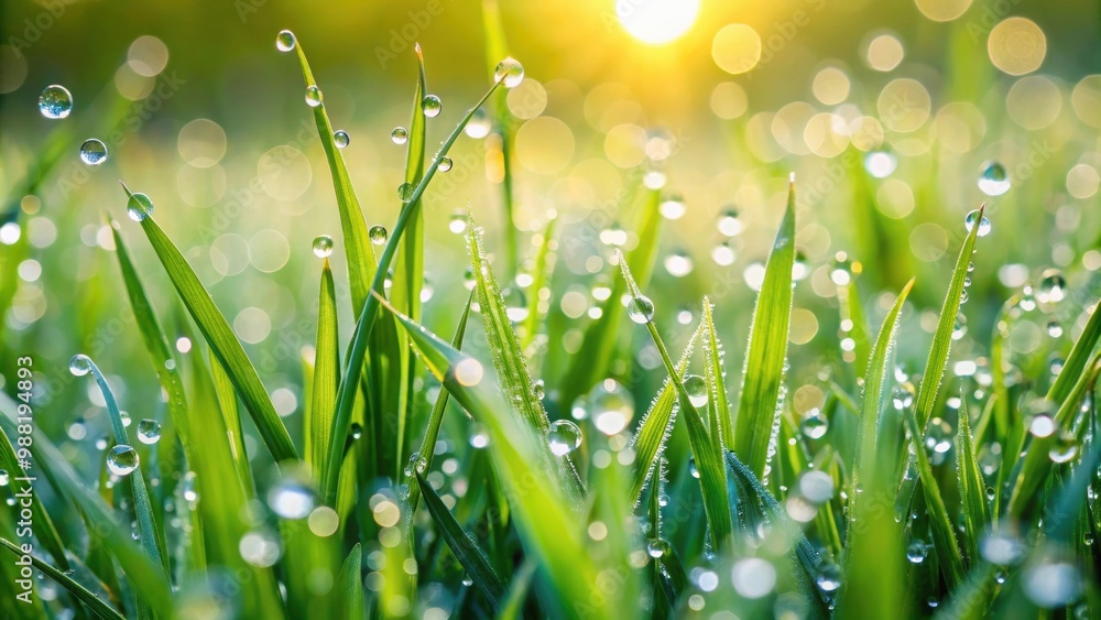 Fototapeta premium Closeup shot of grass with morning dew drops, creating a soft focus abstract background , nature, green, dew, drops, morning, fresh