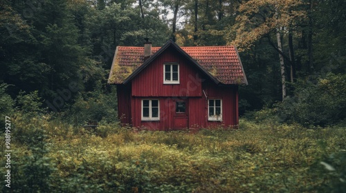 A red wooden house with a moss-covered roof sits in a clearing in the woods.