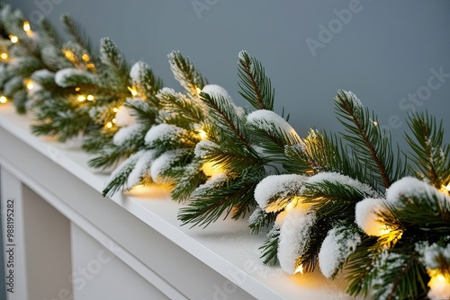 Magical Winter Holiday Border Featuring Snowy Pine Needles and Sparkling LED Lights photo