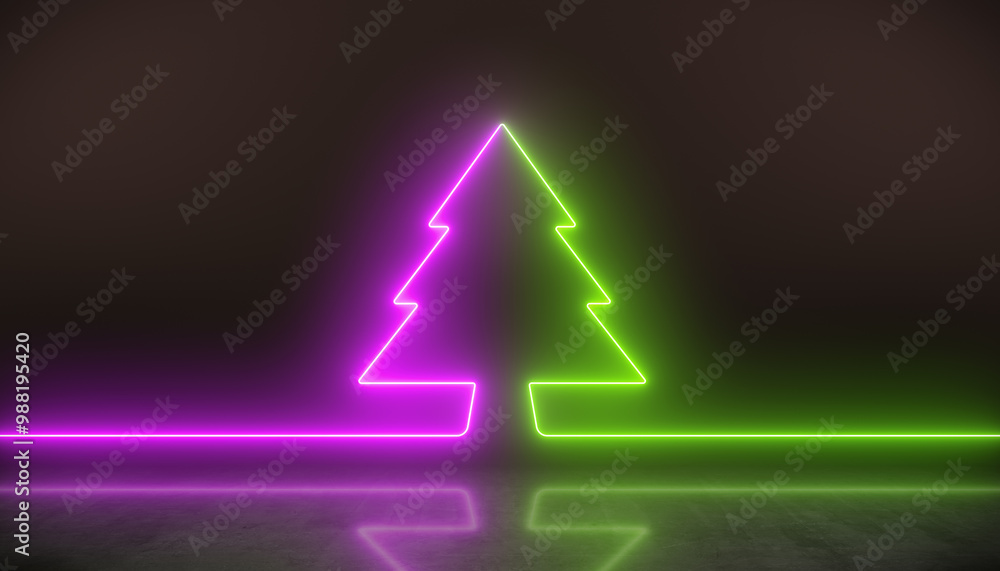 Illustation of glowing neon Christmas tree in green and magenta on reflective floor - Abstract background - vacation concept. Illustation of glowing neon Christmas tree in green and magenta on reflective floor - Abstract background - vacation concept.